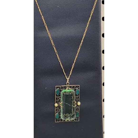 Artistry Green Glass Filigree Framed Pendant Necklace Enamel & Faux Pearl Accent - Picture 13 of 16